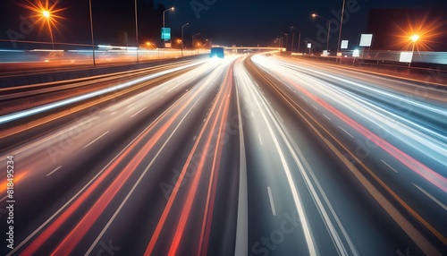 High speed urban traffic on a city highway during evening rush hour, car headlights and busy night transport captured by motion blur lighting effect and abstract long exposure photography © QasimAli
