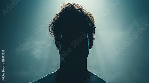 A close-up shot of a silhouette depicting the figure of a man, facing straight towards the camera, with his face slightly obscured. However, his hair is not in the form of a silhouette and is clearly  photo