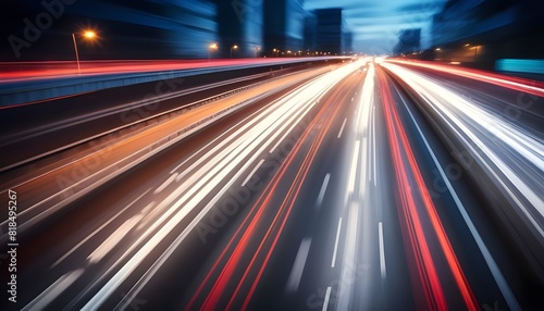 High speed urban traffic on a city highway during evening rush hour, car headlights and busy night transport captured by motion blur lighting effect and abstract long exposure photography