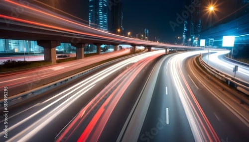 High speed urban traffic on a city highway during evening rush hour  car headlights and busy night transport captured by motion blur lighting effect and abstract long exposure photography