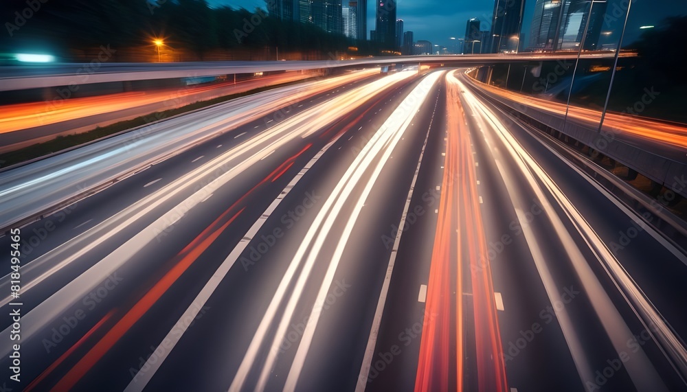 Fototapeta premium High speed urban traffic on a city highway during evening rush hour, car headlights and busy night transport captured by motion blur lighting effect and abstract long exposure photography