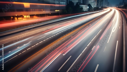 High speed urban traffic on a city highway during evening rush hour, car headlights and busy night transport captured by motion blur lighting effect and abstract long exposure photography