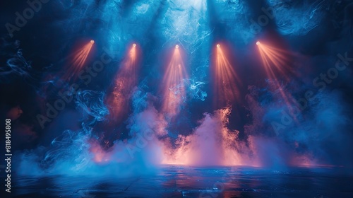 empty scene with blue stage spotlights warm centered colored light and smoke concert lighting and mist night show background.stock photo