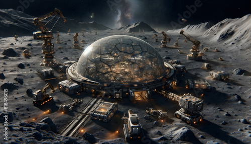 Futuristic Lunar Base with Geodesic Dome and Robotic Machinery