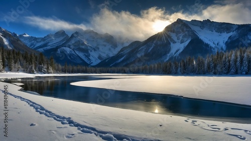 Frozen lake in a valley between snow-covered mountains under a blue sky with white clouds.