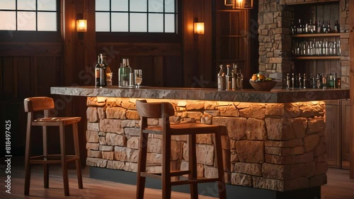 Video animation of elegant stone bar interior. The setting features a well-lit bar counter made of stone or brick. Two bar stools are positioned in front of the counter photo
