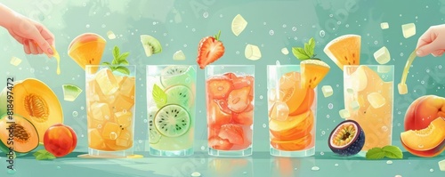 Refreshing summer drinks with peach  passion fruit  lemon  strawberry and mint.