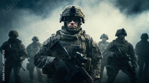 military men, A group of Several modern soldiers on a background of dusty and smoke, military operations, special operations.