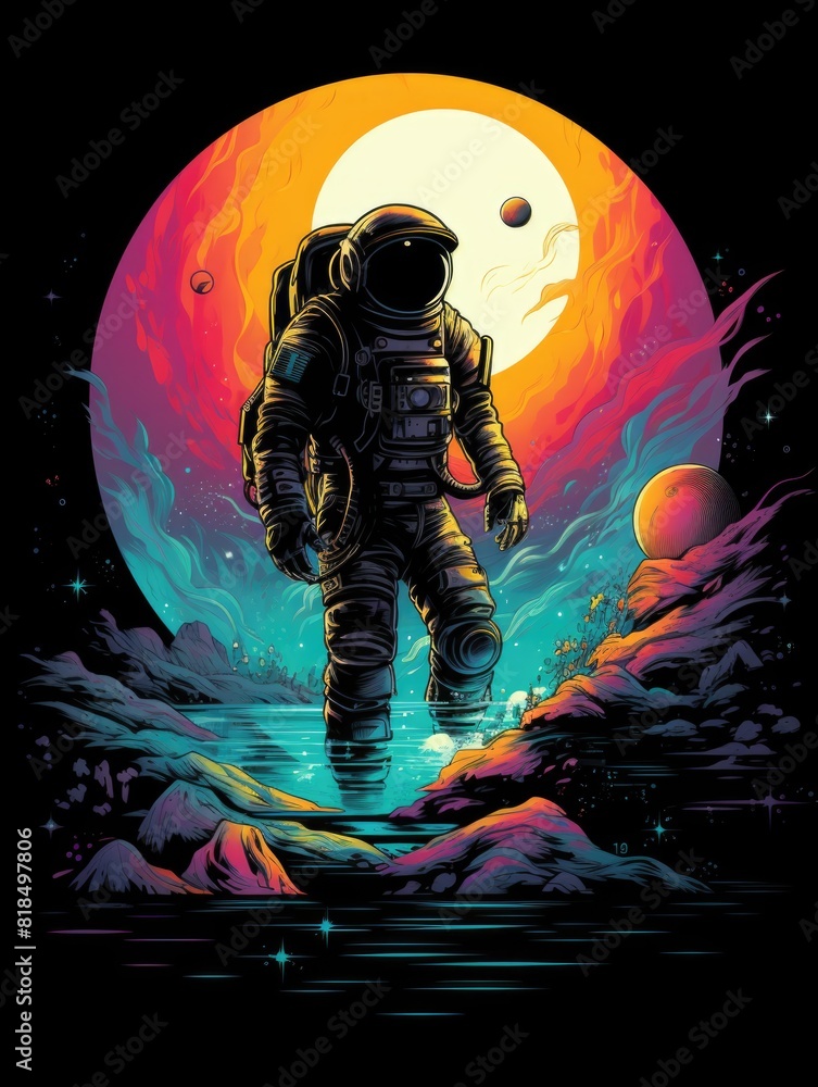 Fototapeta premium T-shirt design featuring an astronaut clad in a black shirt, rendered in a style of dreamlike hues, intricate designs, colorful washes, ambitious, with a seapunk vibe