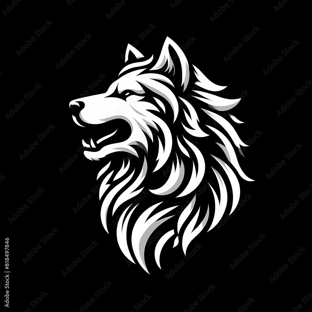 stylized logo featuring a fierce and majestic dog all in white against a black background