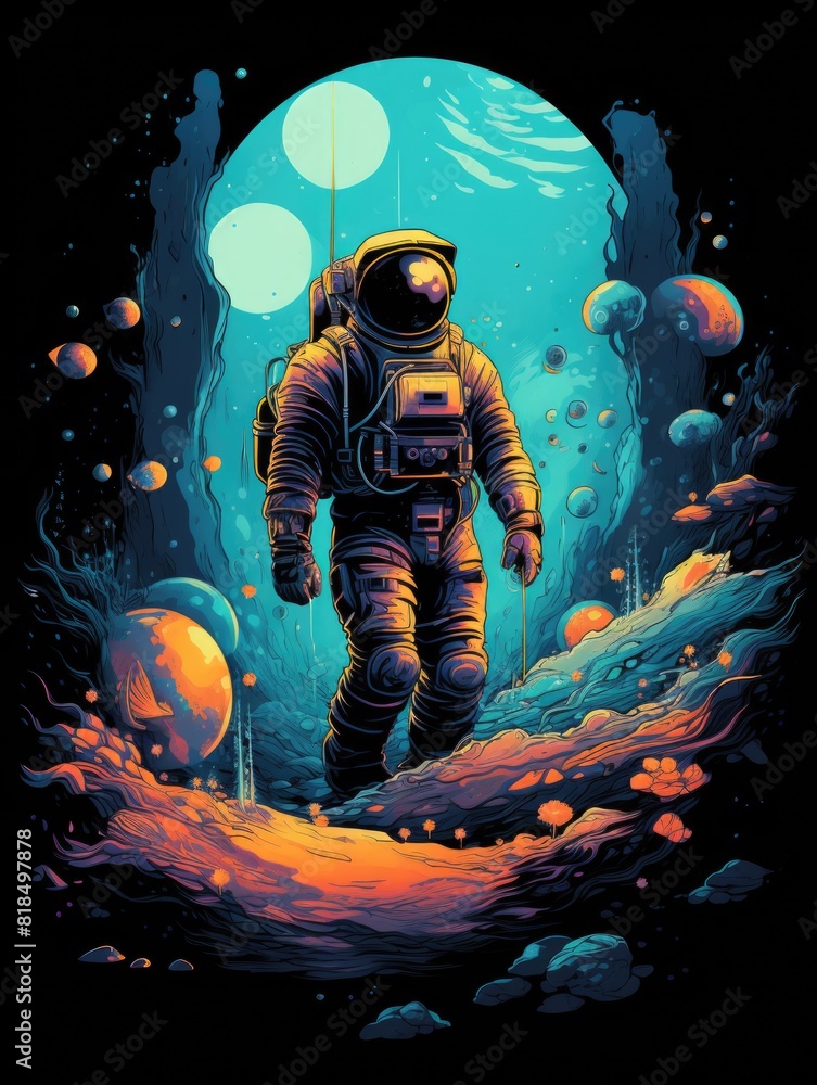 T-shirt design featuring an astronaut clad in a black shirt, rendered in a style of dreamlike hues, intricate designs, colorful washes, ambitious, with a seapunk vibe T-shirt design featuring an astronaut clad in a black shirt, rendered in a style of dreamlike hues, intricate designs, colorful washes, ambitious, with a seapunk vibe