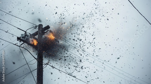 Damaged power pole with sparks flying after a lightning strike.