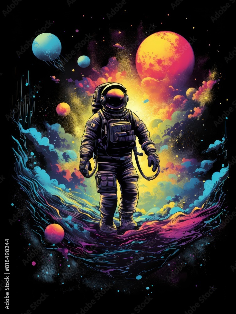 T-shirt design featuring an astronaut clad in a black shirt, rendered in a style of dreamlike hues, intricate designs, colorful washes, ambitious, with a seapunk vibe