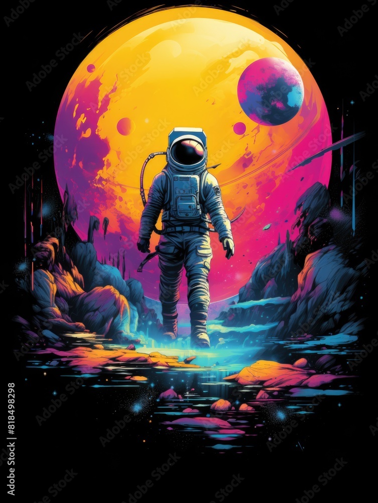 T-shirt design featuring an astronaut clad in a black shirt, rendered in a style of dreamlike hues, intricate designs, colorful washes, ambitious, with a seapunk vibe
