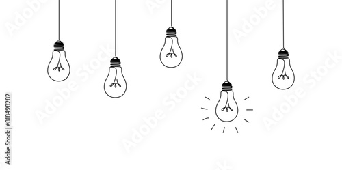 One continuous line drawing of hanging light bulbs with one glowing. Concept of creative idea in simple doodle style. Editable stroke. Vector illustration © SUPRIYANTO