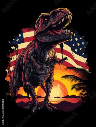 T-shirt design graphic featuring a dinosaurs holding an American flag triumphantly overhead, set against a backdrop of a vibrant sunset sky.  photo
