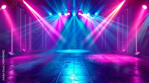 Nightclub pulsates with vivid lights and dancing lasers.