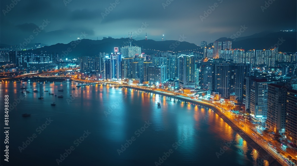 Obraz premium A night in Busan. Aerial high view. Generative AI.