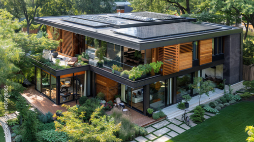 A modern, eco-friendly home with solar panels, a lush garden, and a family happily engaging in sustainable practices like gardening, recycling, and using electric bikes.