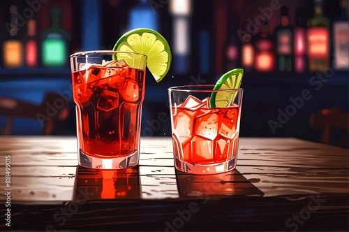 Sangrita Drink on wooden table, Anime illustration, anime background, vibrant, glowing, cinematic photo