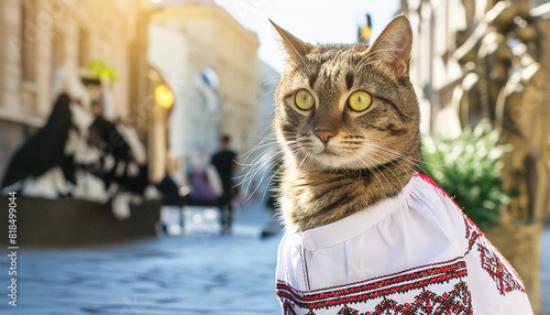 Fototapeta Naklejka Na Ścianę i Meble -  a tabby cat in white embroidered shirt on the streets city. Sunny day.