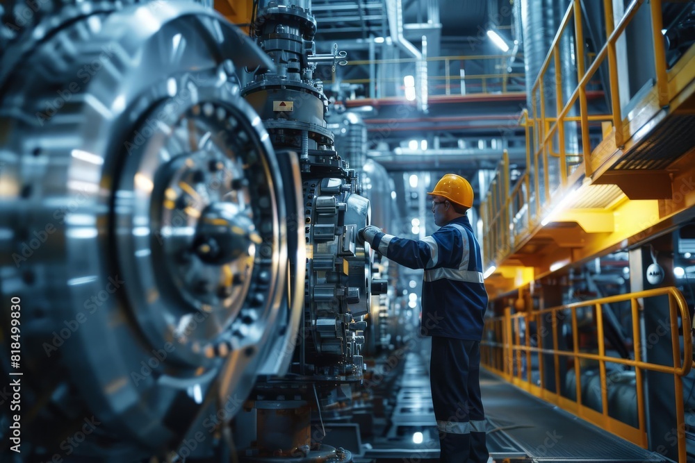 Fototapeta premium Industrial scene with a worker inspecting equipment, detailed, modern, professional, technological, efficient, in a sophisticated plant, High resolution.