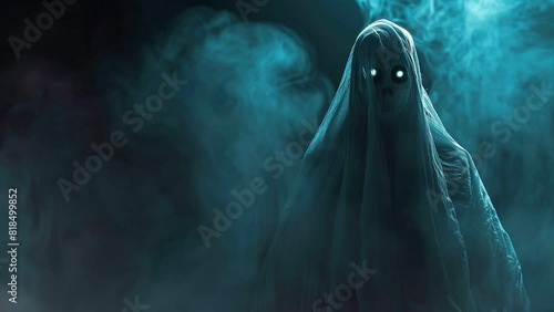 Scary ghost on dark background. Fear and depression concept. Dark smoke background. photo