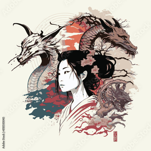 JAPANESE WOMAN GEISHA AND DRAGON BACKGROUND. UNIQUE AND COOL DESIGN AND AI-GENERATED VECTOR FILES - VERY SUITABLE FOR YOUR NEEDS