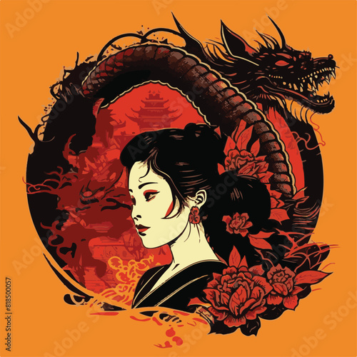 JAPANESE WOMAN GEISHA AND DRAGON BACKGROUND. UNIQUE AND COOL DESIGN AND AI-GENERATED VECTOR FILES - VERY SUITABLE FOR YOUR NEEDS