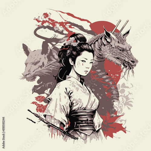 JAPANESE WOMAN GEISHA AND DRAGON BACKGROUND. UNIQUE AND COOL DESIGN AND AI-GENERATED VECTOR FILES - VERY SUITABLE FOR YOUR NEEDS