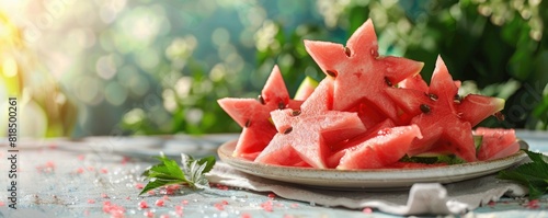 A watermelon cut into star shapes on a white plate with a sprig of mint beside it photo