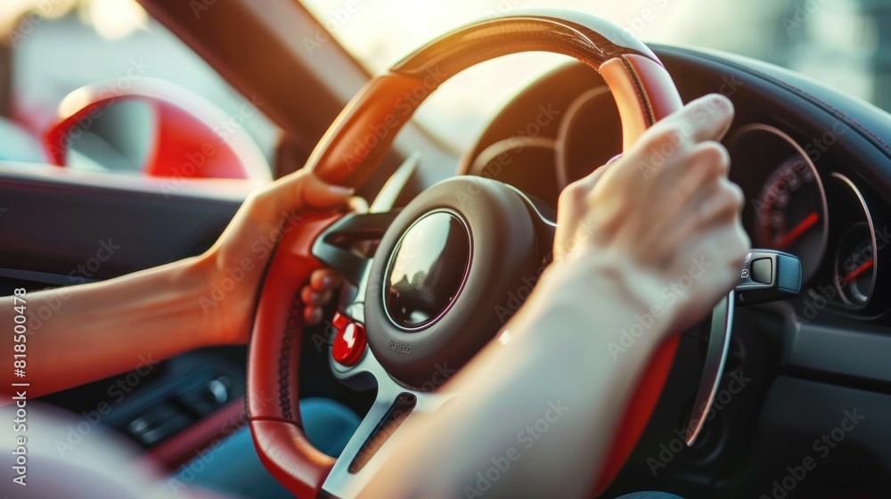 Person driving car on road during business trip in modern city traffic on highway way concept Person driving car on road during business trip in modern city traffic on highway way concept