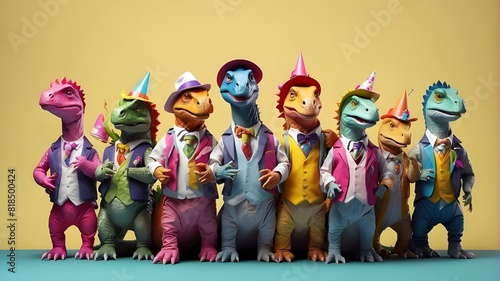 imaginative animal notion. A bunch of dinosaurs wearing colorful, stylish clothing, isolated on a solid background for an advertisement with copy space. birthday celebration invitation banner