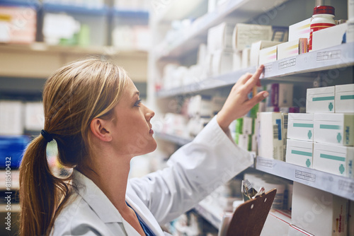 Photography Woman, pharmacist or reading medication for stock check or inventory at pharmacy for pills information