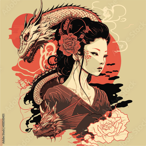 JAPANESE WOMAN GEISHA AND DRAGON BACKGROUND. UNIQUE AND COOL DESIGN AND AI-GENERATED VECTOR FILES - VERY SUITABLE FOR YOUR NEEDS