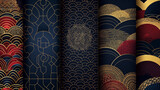 Japanese Shibori patterns, set of dark blue and gold-maroon backgrounds