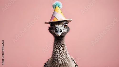 imaginative animal notion. Isolated on a pastel, solid background, an advertisement featuring an emu bird wearing a party cone hat, necklace, and bowtie, with copy space. Invitation to a birthday part © UZAIR