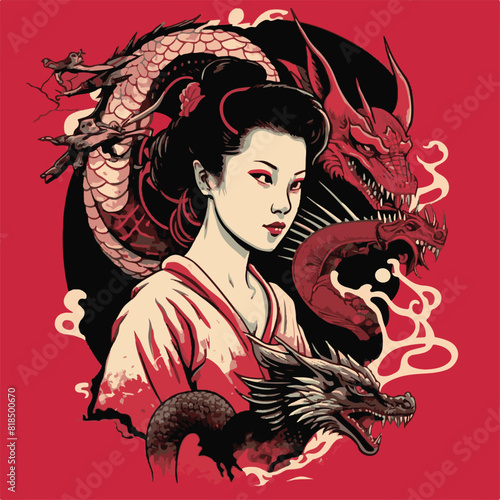 JAPANESE WOMAN GEISHA AND DRAGON BACKGROUND. UNIQUE AND COOL DESIGN AND AI-GENERATED VECTOR FILES - VERY SUITABLE FOR YOUR NEEDS