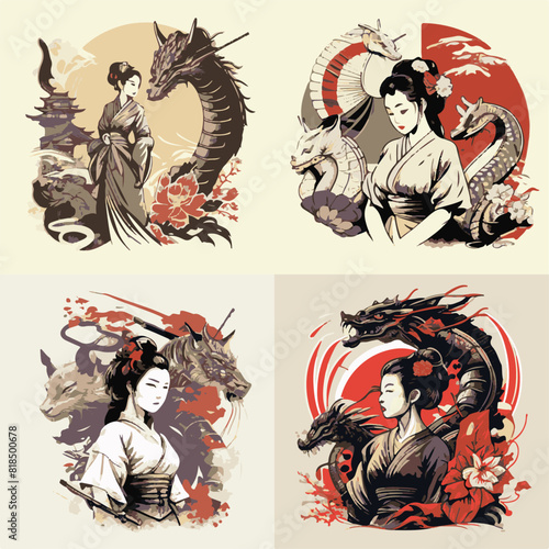 JAPANESE WOMAN GEISHA AND DRAGON BACKGROUND. UNIQUE AND COOL DESIGN AND AI-GENERATED VECTOR FILES - VERY SUITABLE FOR YOUR NEEDS