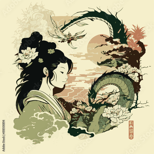 JAPANESE WOMAN GEISHA AND DRAGON BACKGROUND. UNIQUE AND COOL DESIGN AND AI-GENERATED VECTOR FILES - VERY SUITABLE FOR YOUR NEEDS