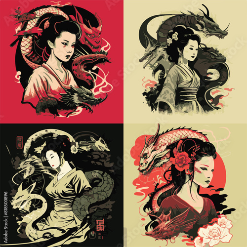 JAPANESE WOMAN GEISHA AND DRAGON BACKGROUND. UNIQUE AND COOL DESIGN AND AI-GENERATED VECTOR FILES - VERY SUITABLE FOR YOUR NEEDS