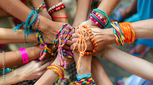 A close-up of hands holding friendship bracelets, highlighting the tradition of exchanging tokens of friendship on Friendship Day.