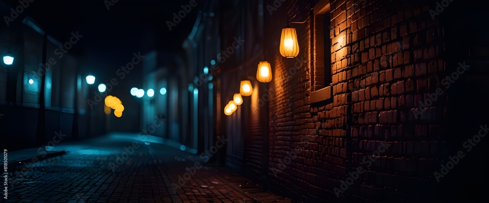 Fototapeta premium Dark street, old brick wall decorated with night lanterns. Empty street scene, neon light. Night view, blurred abstract bokeh light.