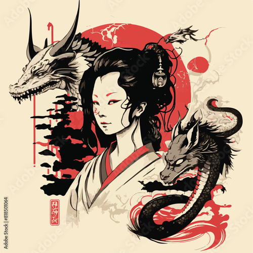 JAPANESE WOMAN GEISHA AND DRAGON BACKGROUND. UNIQUE AND COOL DESIGN AND AI-GENERATED VECTOR FILES - VERY SUITABLE FOR YOUR NEEDS