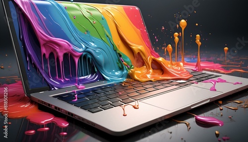 colored oil paints pouring onto a modern laptop photo