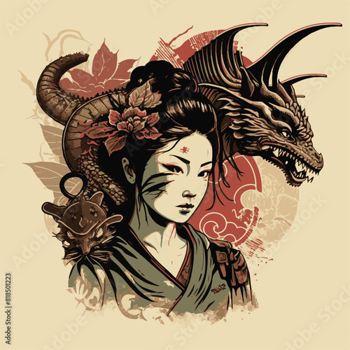 JAPANESE WOMAN GEISHA AND DRAGON BACKGROUND. UNIQUE AND COOL DESIGN AND AI-GENERATED VECTOR FILES - VERY SUITABLE FOR YOUR NEEDS