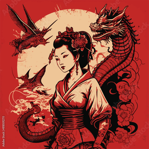 JAPANESE WOMAN GEISHA AND DRAGON BACKGROUND. UNIQUE AND COOL DESIGN AND AI-GENERATED VECTOR FILES - VERY SUITABLE FOR YOUR NEEDS