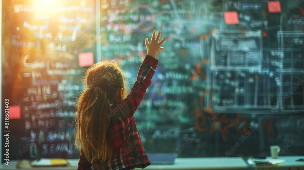 A young student raising her hand to answer a question in a brightly lit classroom, with a chalkboard filled with equations in the A young student raising her hand to answer a question in a brightly lit classroom, with a chalkboard filled with equations in the