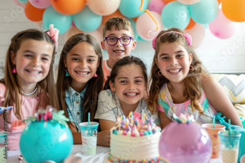 Children at a birthday party, smiling and having fun together amid colorful decorations
