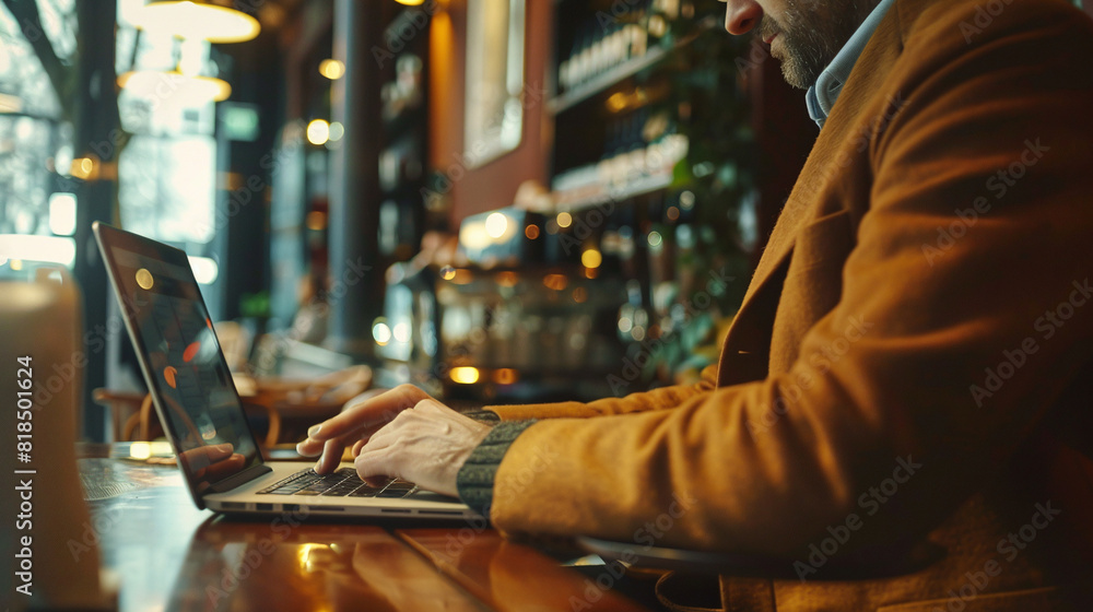 Close-up of a businessman working on a laptop in a coffee shop Close-up of a businessman working on a laptop in a coffee shop